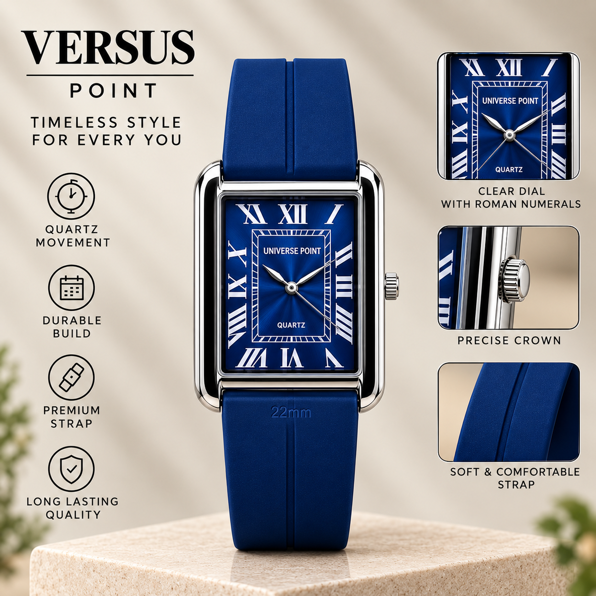 Men’s Luxury Rectangular Quartz Wrist Watch Roman Numeral Dial & Premium Silicone Strap