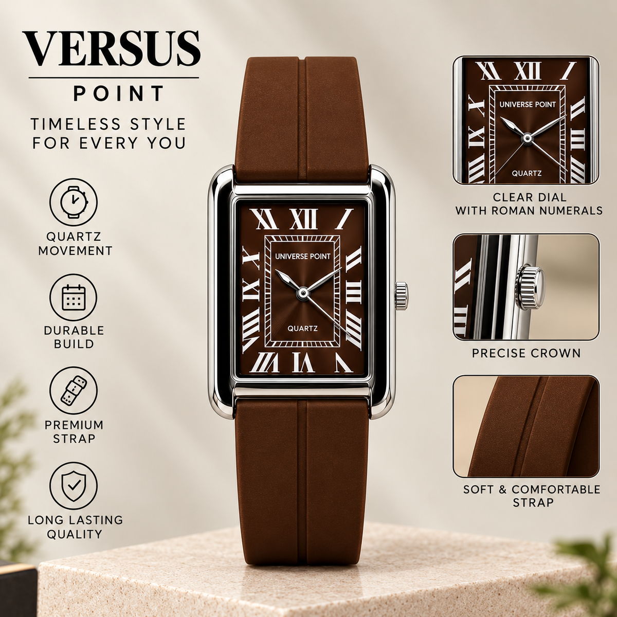 Men’s Luxury Rectangular Quartz Wrist Watch Roman Numeral Dial & Premium Silicone Strap