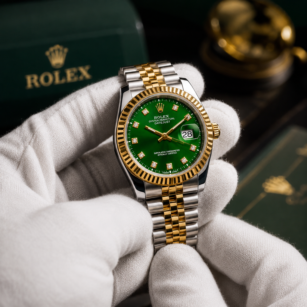Rolex Green Diamond Dial Two Tone Luxury Watch for Men
